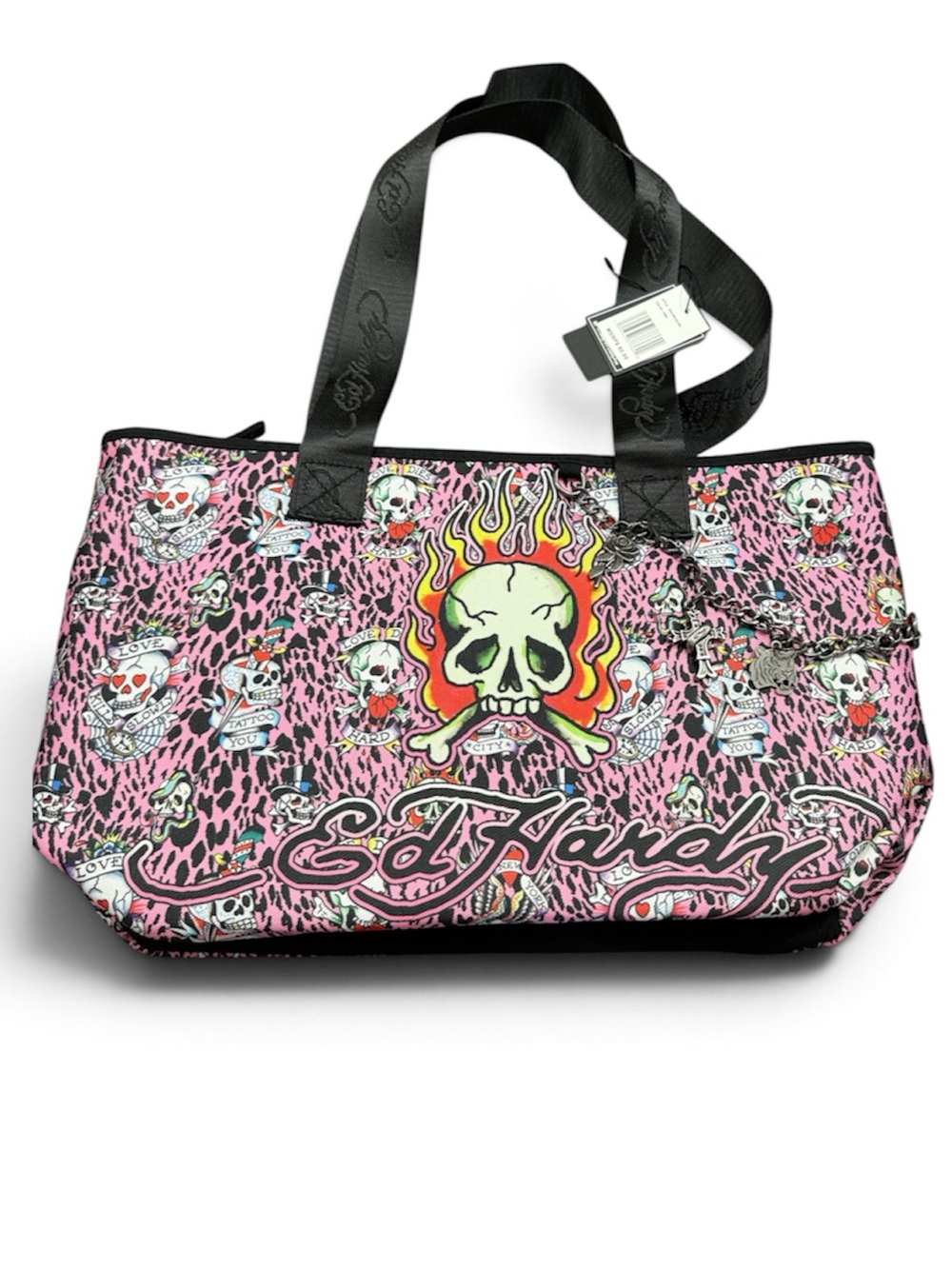 Ed Hardy Pink Skull Flame Graphic Tote with Black Straps